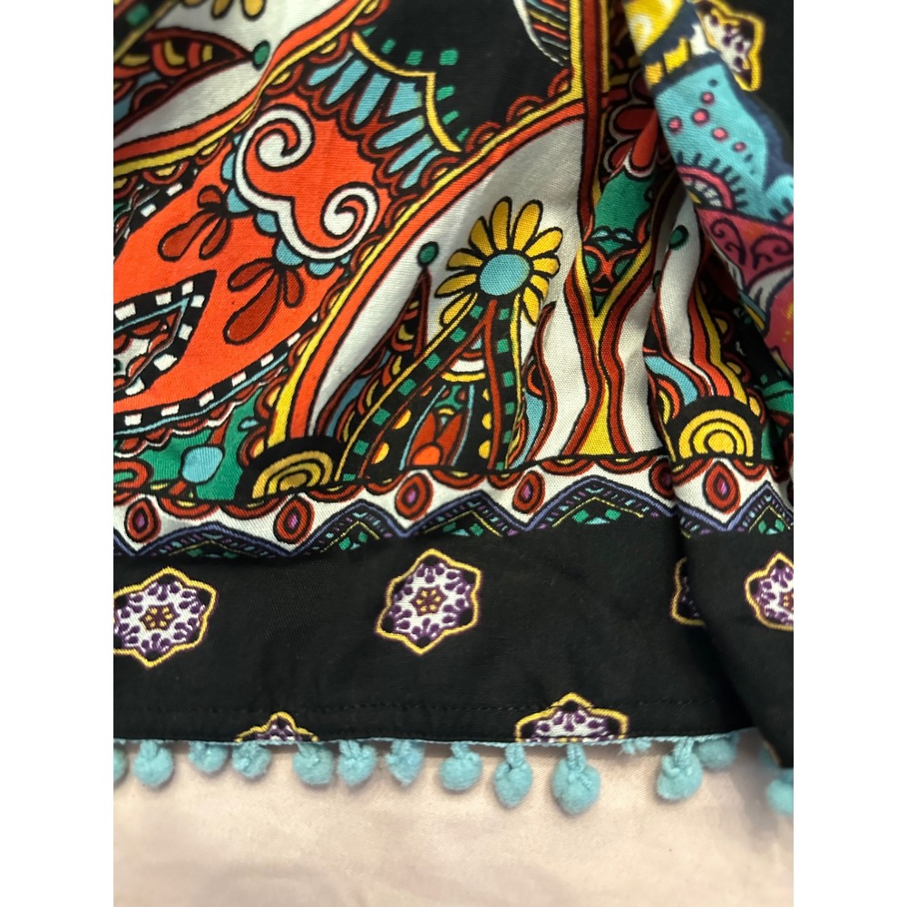 Splash Boho Paisley Mandala Print Midi Skirt Pom Pom Trim Multi-Color Women's